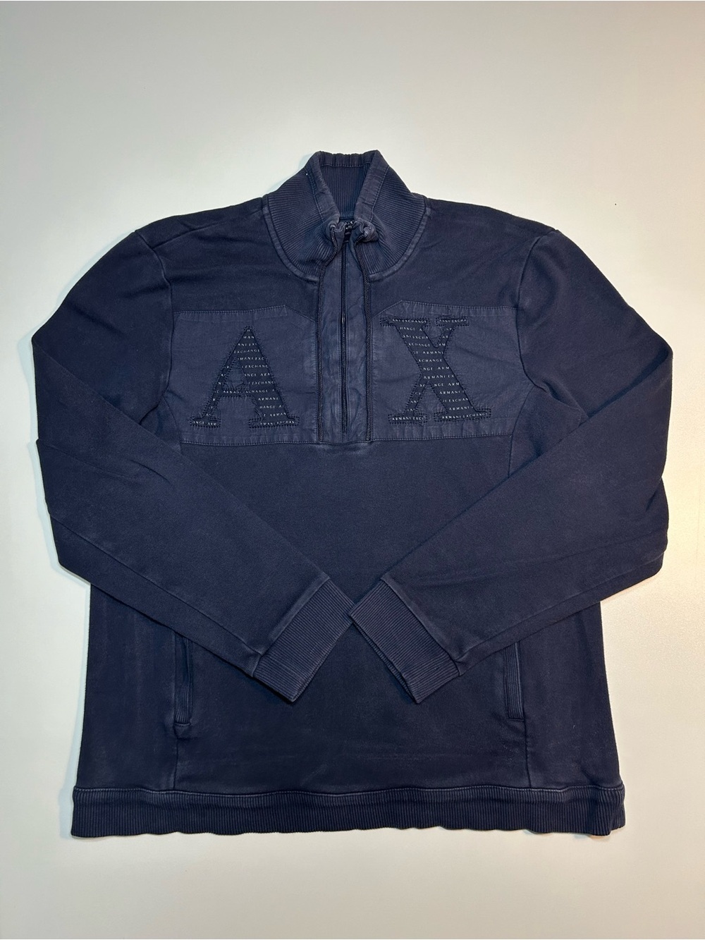 Armani Exchange Vintage Navy Blue Big Logo Quarter Zip Sweatshirt Pullover Y2K
